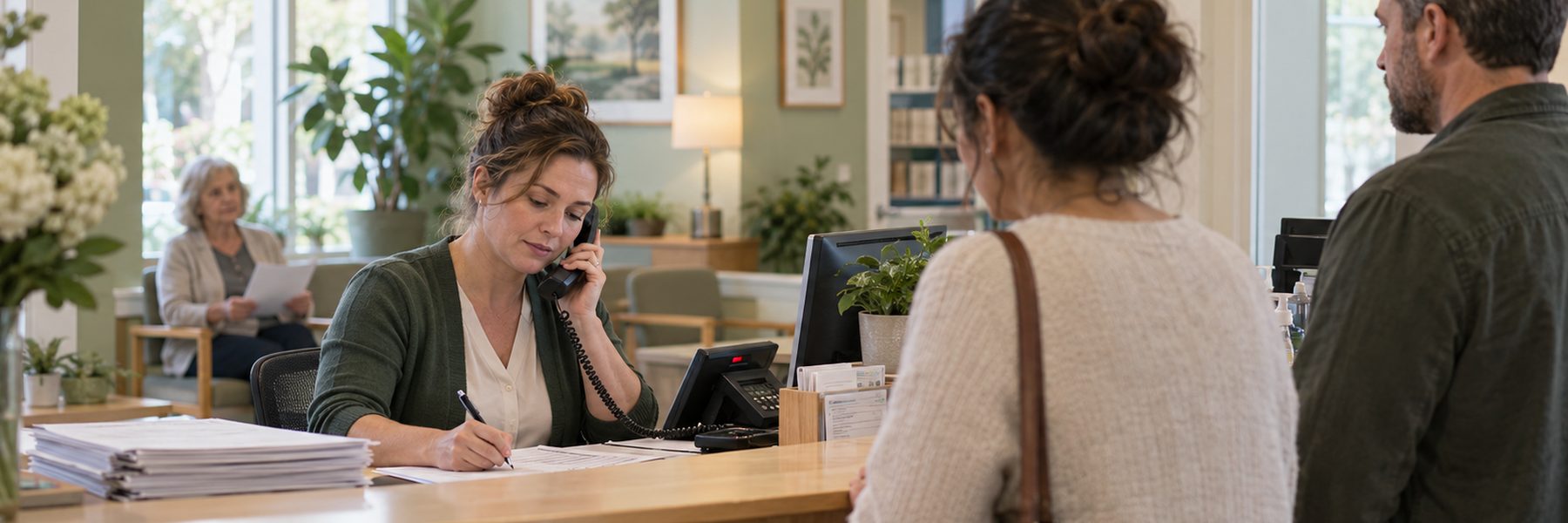 A front-desk staffer on the phone fills out paperwork while patients wait at the counter and an older patient waits in the lobby.