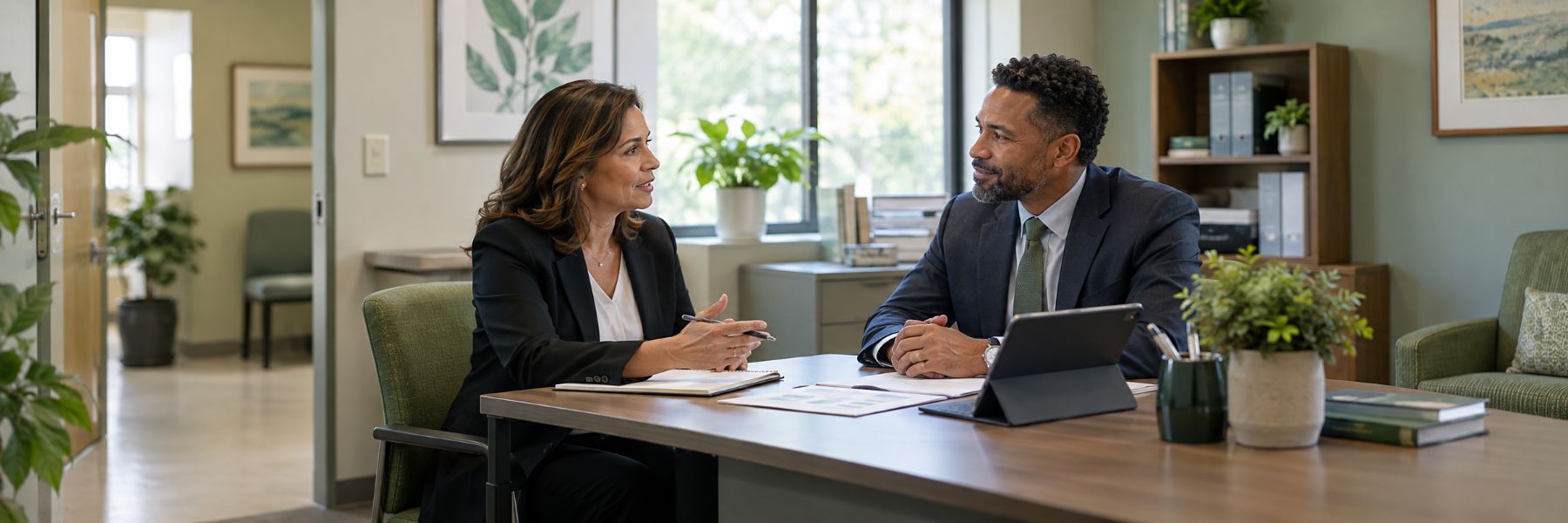 A woman and a man in business attire sit across a table in a medical practice office during a positive hiring interview.