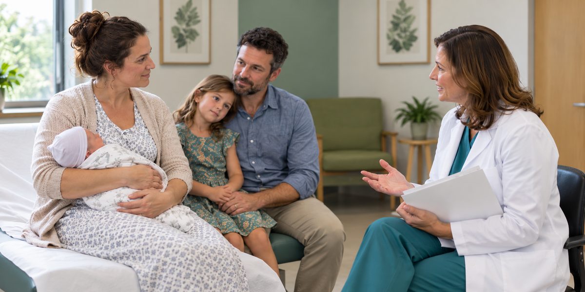 A maternal-fetal medicine specialist talks with a new mother holding her newborn, while the father and their young daughter sit beside her in a medical practice exam room.