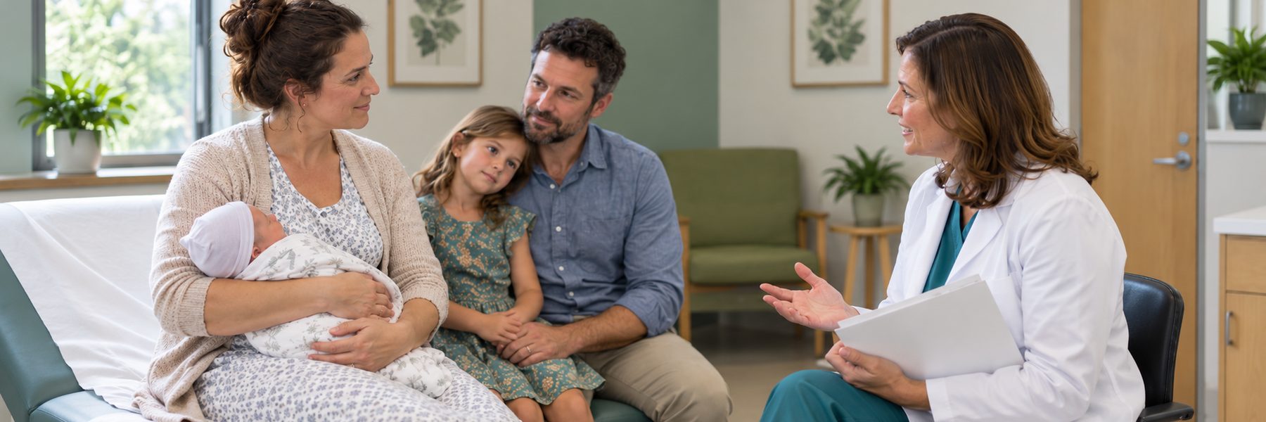 A maternal-fetal medicine specialist talks with a new mother holding her newborn, while the father and their young daughter sit beside her in a medical practice exam room.