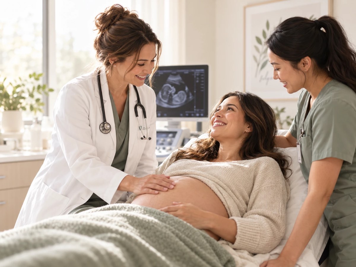A physician and a nurse smile with an expectant mother during a prenatal visit at a medical practice, an ultrasound monitor behind them.