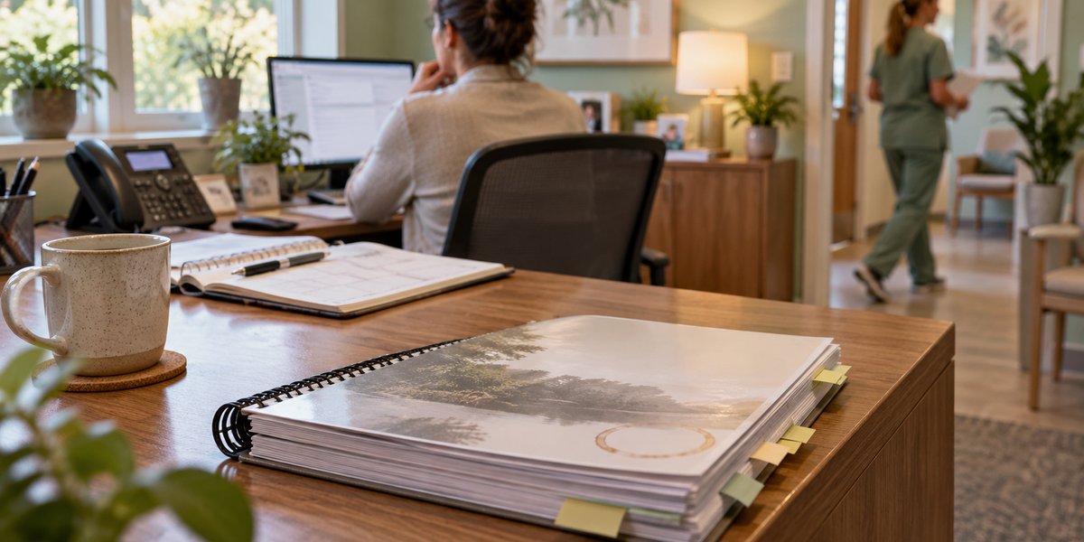 A thick spiral-bound consulting report with a coffee ring on its cover sits untouched on a desk while a practice manager works at her computer and a nurse walks past.