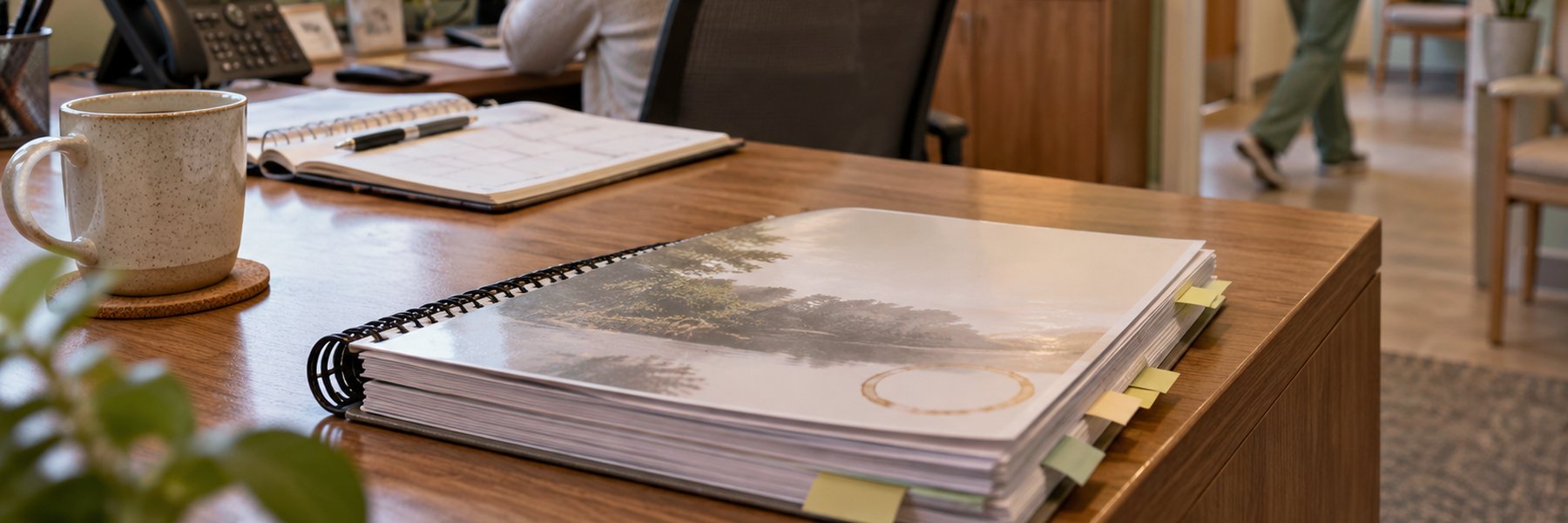 A thick spiral-bound consulting report with a coffee ring on its cover sits untouched on a desk while a practice manager works at her computer and a nurse walks past.