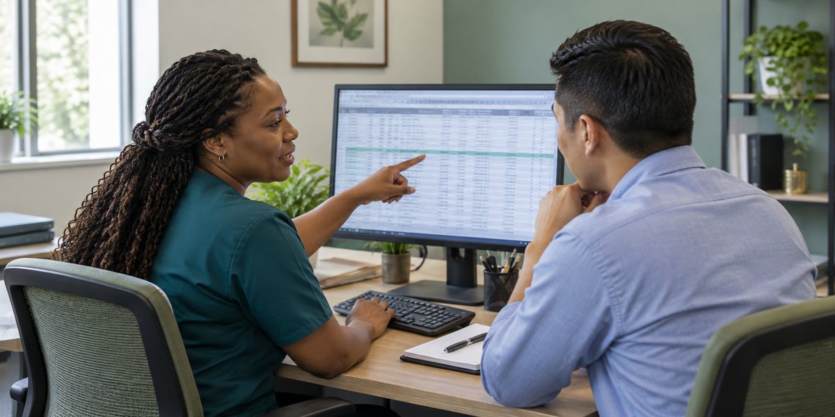 A billing lead points to an unpaid-claims spreadsheet on her monitor while a practice manager listens at her desk.
