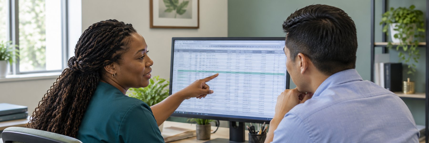 A billing lead points to an unpaid-claims spreadsheet on her monitor while a practice manager listens at her desk.