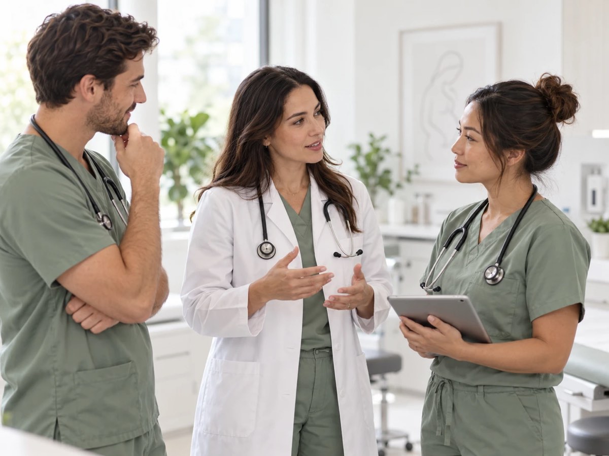 A physician talks through a plan with two clinicians, one holding a tablet, in a medical practice workroom.