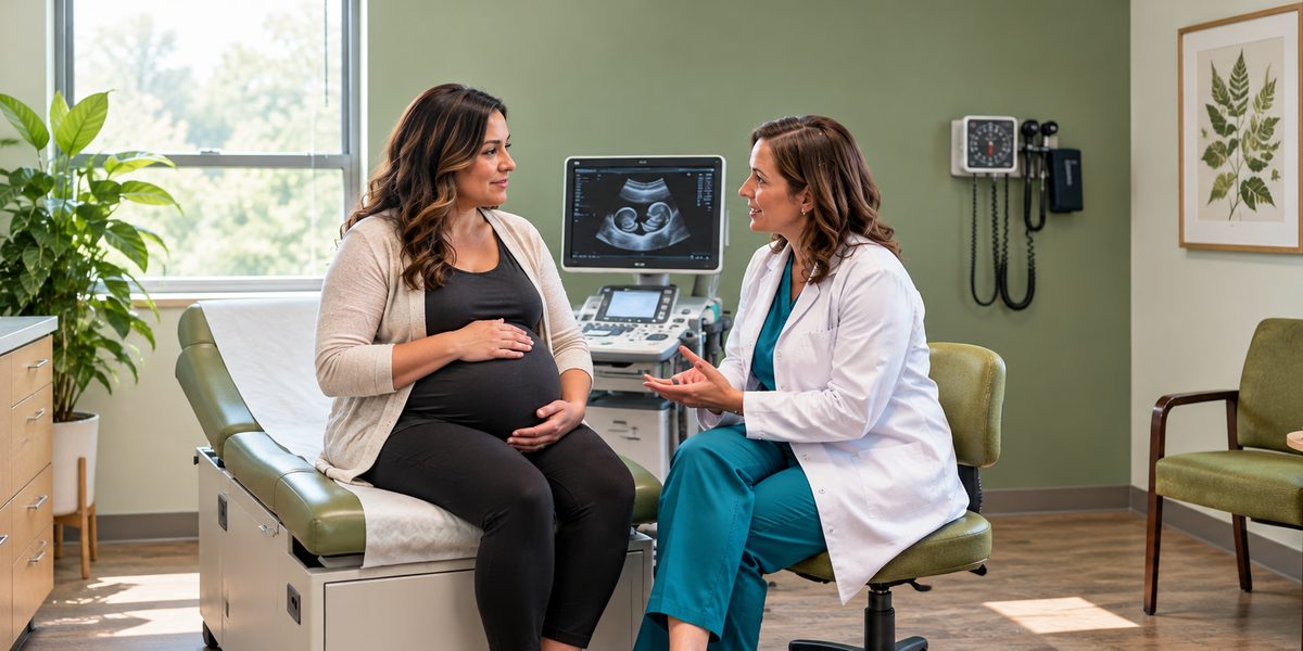 A physician in a white coat talks with a pregnant patient seated on an exam table, with an ultrasound monitor behind them.