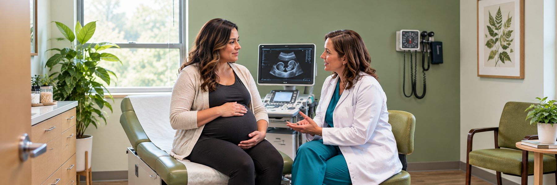 A physician in a white coat talks with a pregnant patient seated on an exam table, with an ultrasound monitor behind them.
