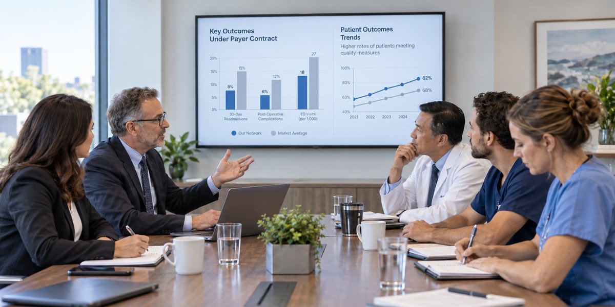 A practice leader walks physicians, nurses and an administrator through a screen comparing the network's outcomes with the market average.