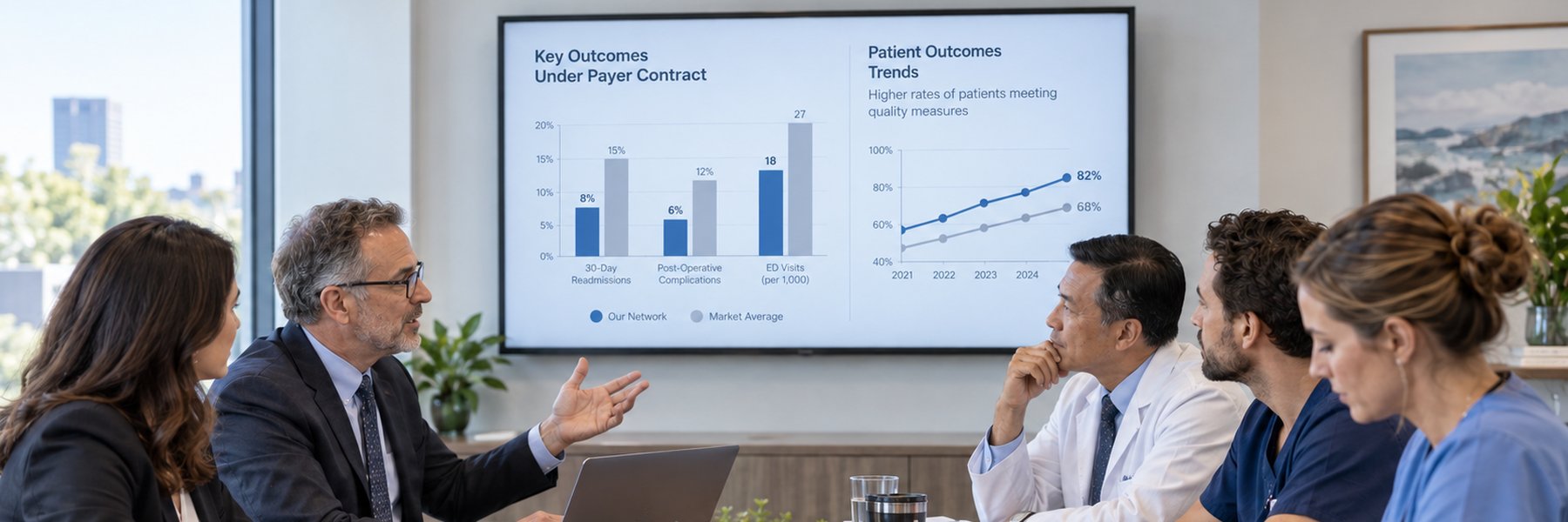A practice leader walks physicians, nurses and an administrator through a screen comparing the network's outcomes with the market average.