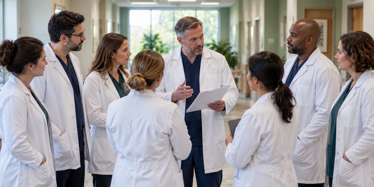 A physician leader talks through notes with a circle of physicians in white coats in a bright medical practice hallway.