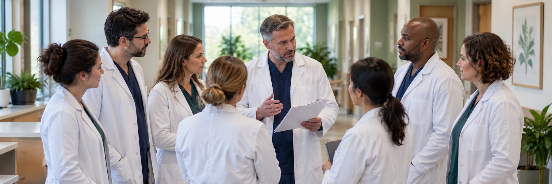 A physician leader talks through notes with a circle of physicians in white coats in a bright medical practice hallway.