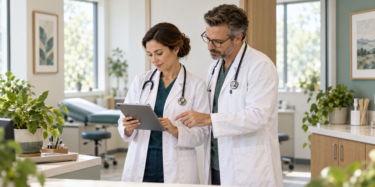 Two physicians in white coats review a tablet together at a nurses' station in a bright medical practice.