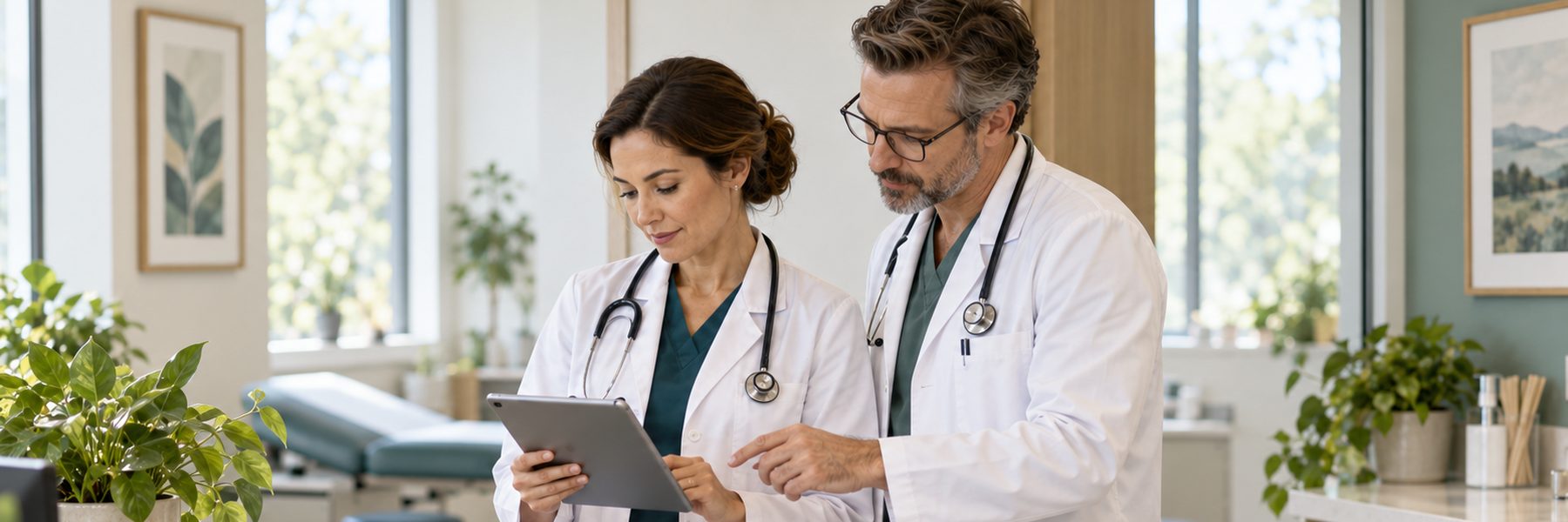 Two physicians in white coats review a tablet together at a nurses' station in a bright medical practice.