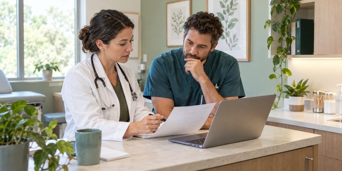 A physician and a nurse review a printed protocol together at a laptop in a bright medical practice workroom.