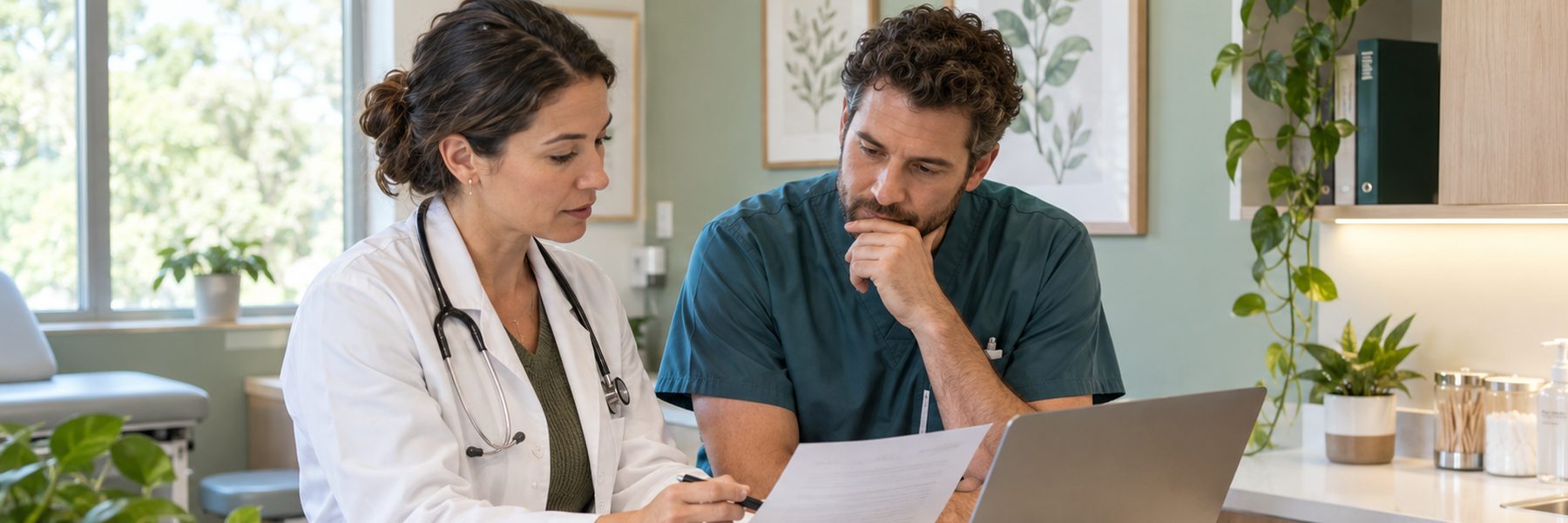 A physician and a nurse review a printed protocol together at a laptop in a bright medical practice workroom.