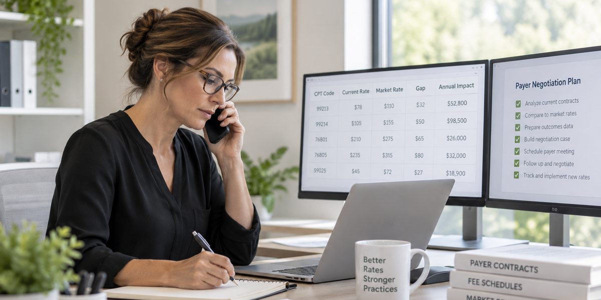 A practice leader on the phone takes notes at her desk, with monitors showing a rate comparison by billing code and a payer negotiation plan.