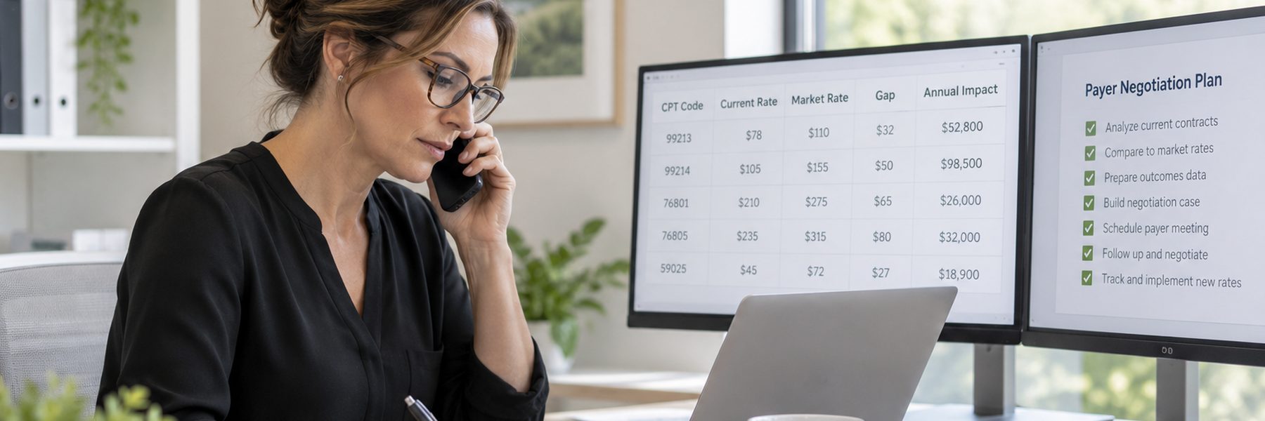 A practice leader on the phone takes notes at her desk, with monitors showing a rate comparison by billing code and a payer negotiation plan.