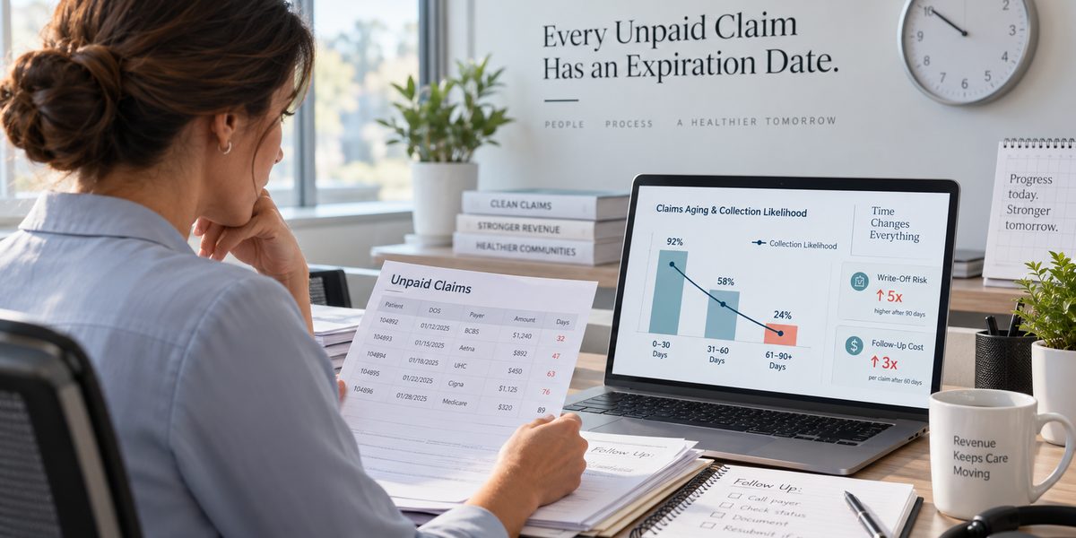 A billing specialist at her desk reviews an unpaid claims report next to a laptop chart showing collections falling as claims age.