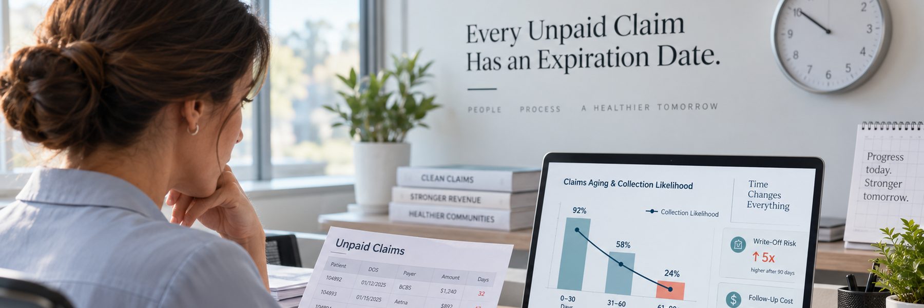 A billing specialist at her desk reviews an unpaid claims report next to a laptop chart showing collections falling as claims age.
