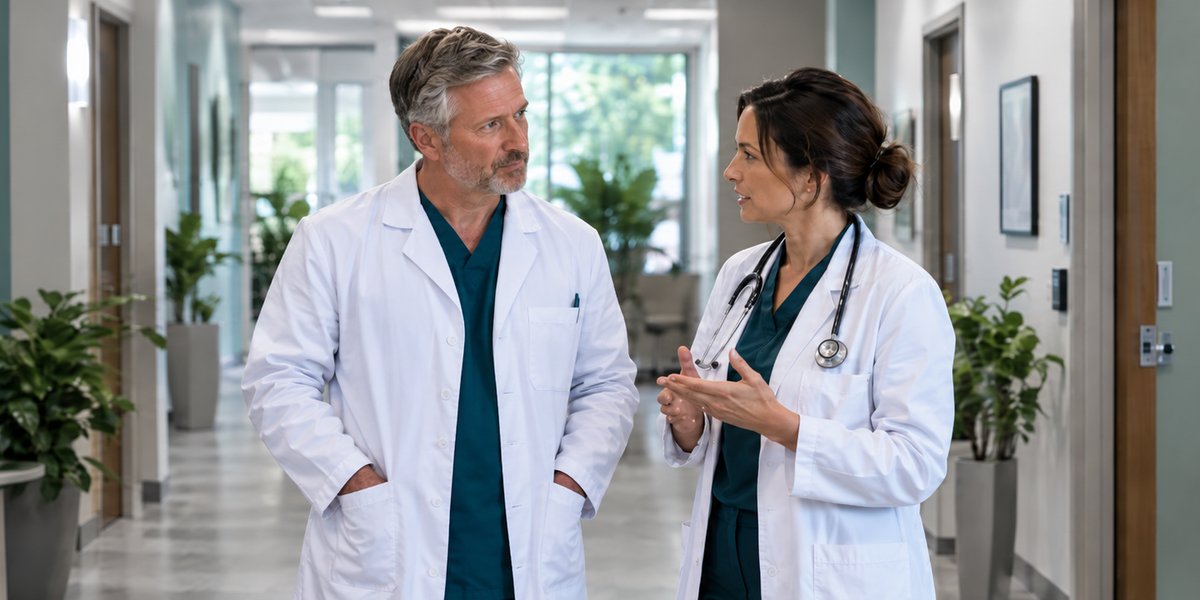 Two physicians in white coats talk as they walk down the hallway of a bright medical practice, past a waiting area and an open exam room.
