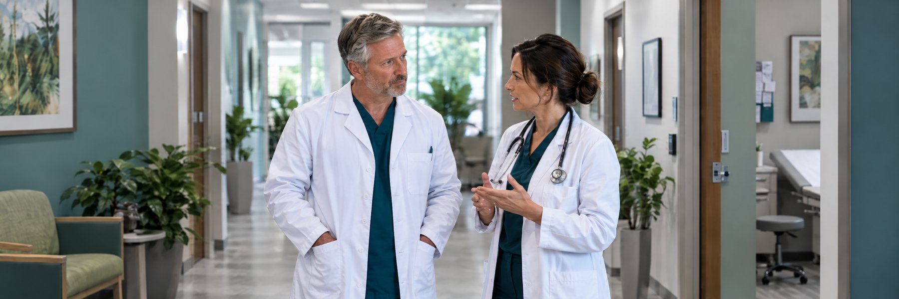 Two physicians in white coats talk as they walk down the hallway of a bright medical practice, past a waiting area and an open exam room.