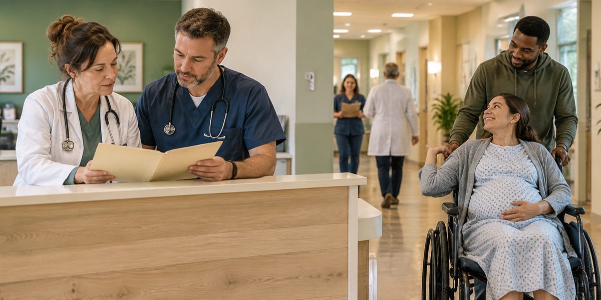 A physician and a colleague review a patient's chart at the nurses' station while a smiling partner wheels a pregnant patient through the practice.