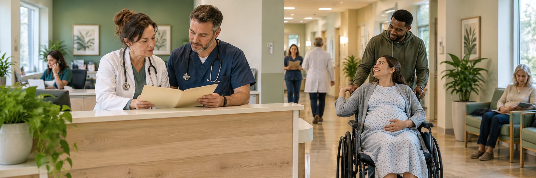 A physician and a colleague review a patient's chart at the nurses' station while a smiling partner wheels a pregnant patient through the practice.