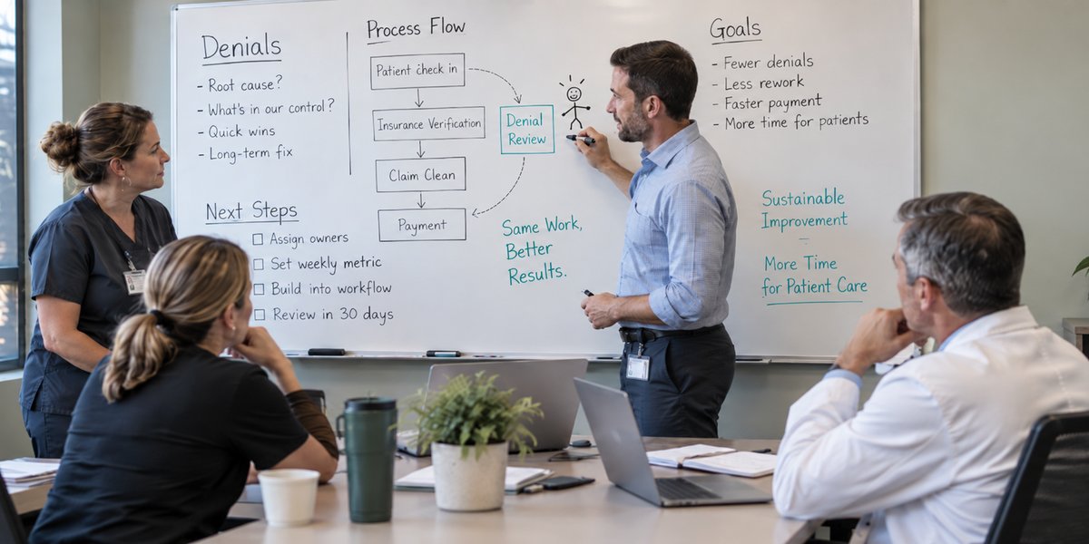 A practice leader maps a denial fix on a whiteboard, with next steps and goals, while a nurse, a staff member and a physician look on.