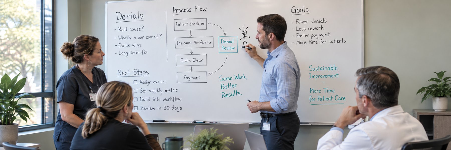 A practice leader maps a denial fix on a whiteboard, with next steps and goals, while a nurse, a staff member and a physician look on.