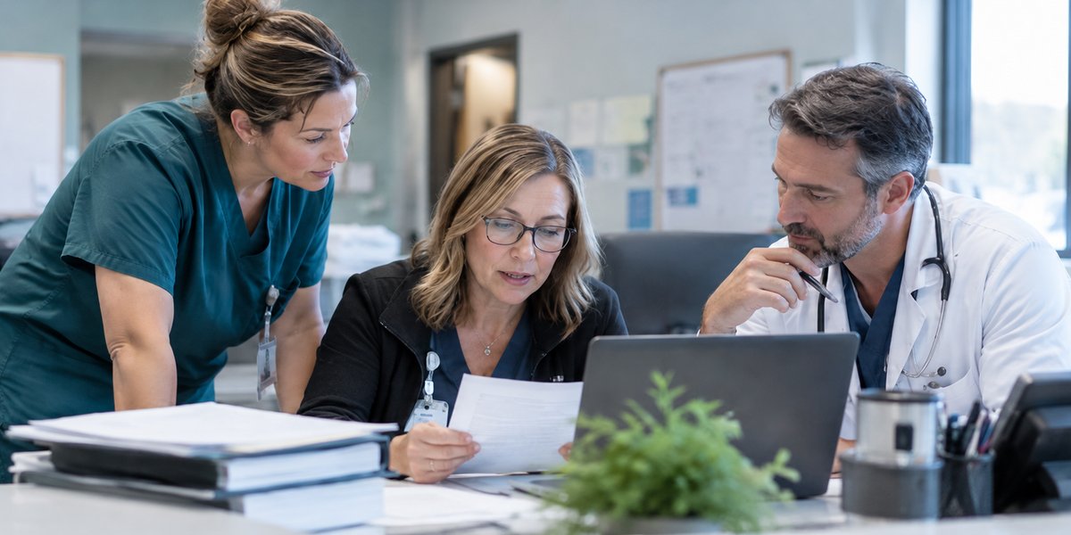 A practice manager reads through a report at the front desk while a nurse and a physician lean in to review it with her.