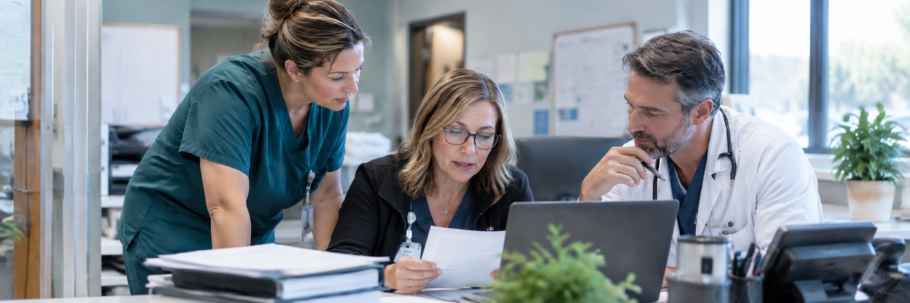 A practice manager reads through a report at the front desk while a nurse and a physician lean in to review it with her.