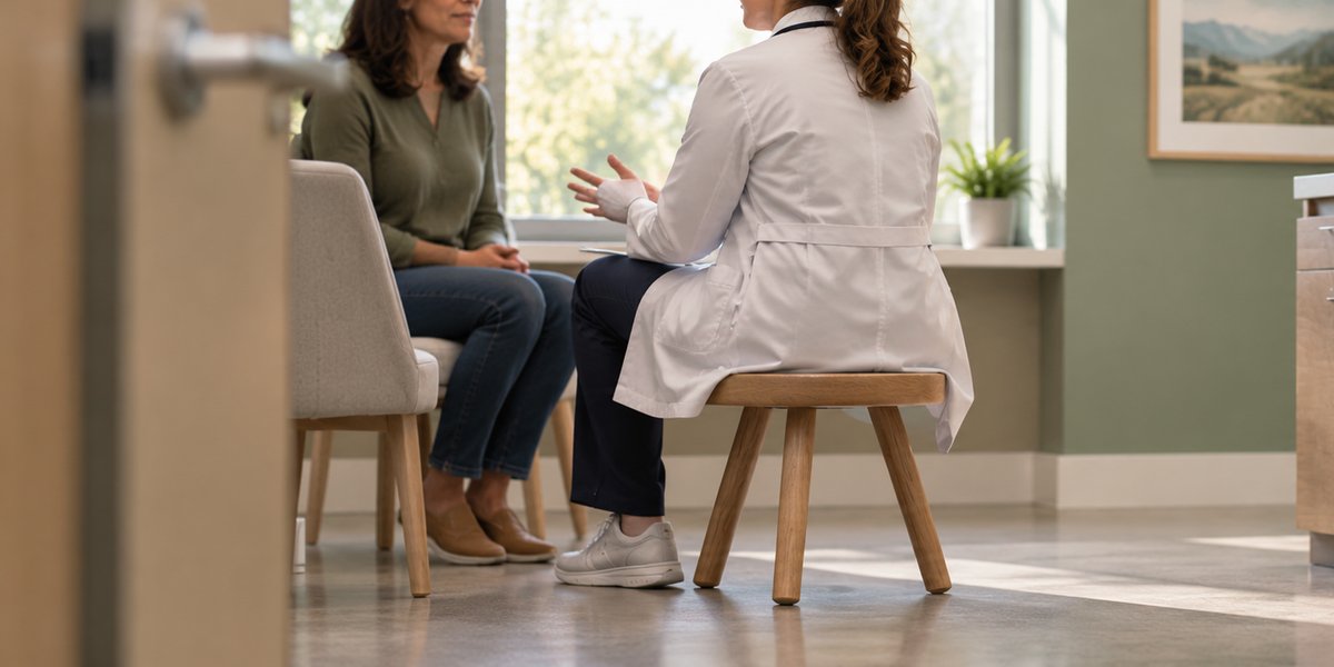 A physician in a white coat sits on a wooden three-legged stool while talking with a patient in a sunlit medical practice exam room.