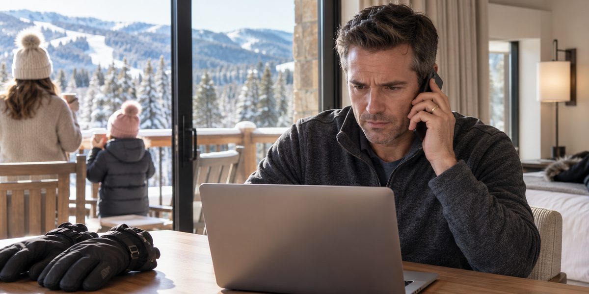 A practice owner on a ski vacation takes a work call at his laptop while his wife and child enjoy the snowy mountain view from the balcony.