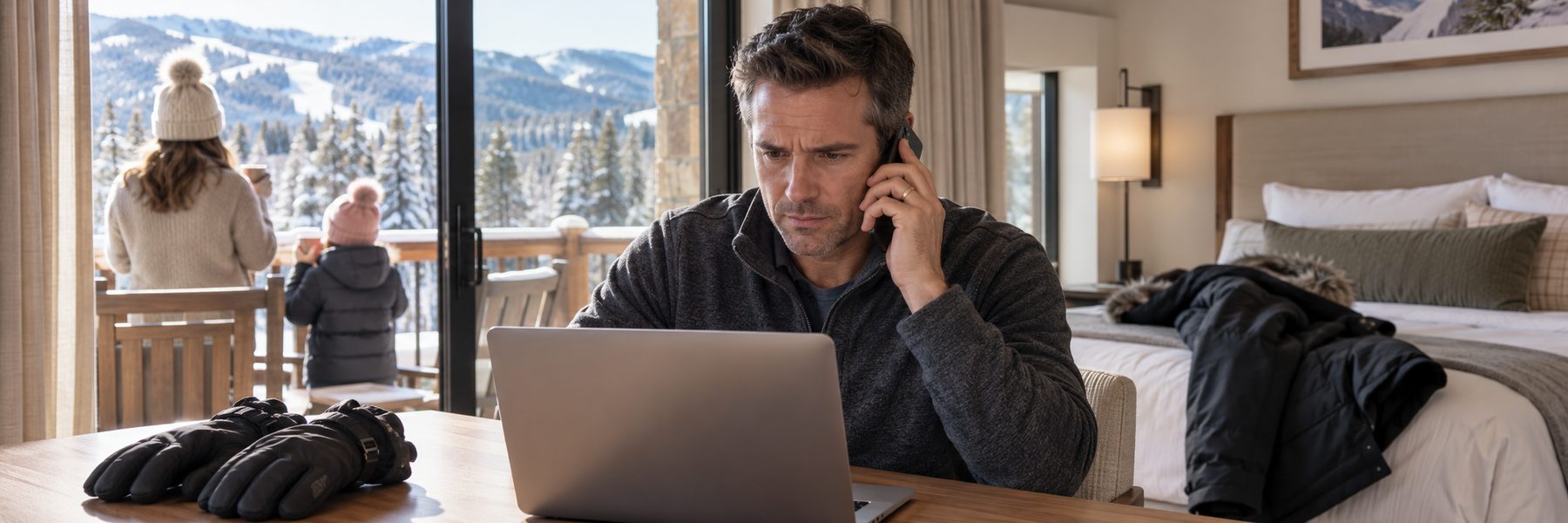 A practice owner on a ski vacation takes a work call at his laptop while his wife and child enjoy the snowy mountain view from the balcony.