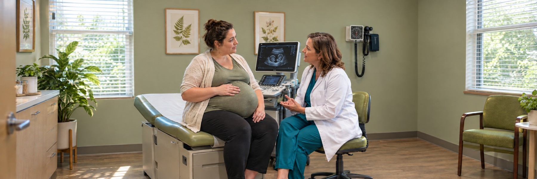 A physician in a white coat sits with a pregnant patient in a bright exam room, an ultrasound screen between them.
