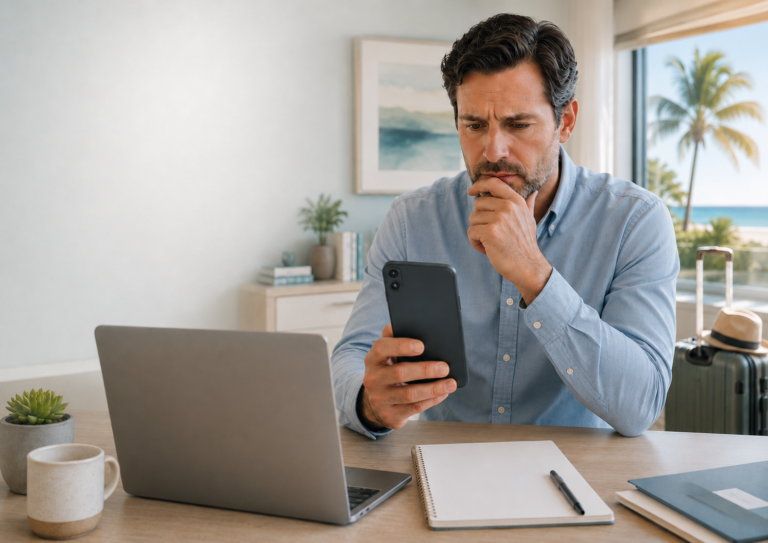 Medical practice owner checking his phone before vacation with a laptop, suitcase, and office notes nearby